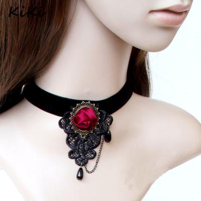 China Wedding Party Lace Red Rose Flower Ribbon Lace Choker Necklace >>>Environmentally Friendly Gothic Necklace for sale