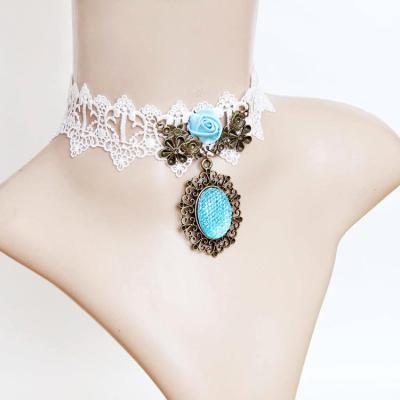 China Environmentally Friendly Trendy Pearl Rose Choker Necklace, Women Jewelry Lace Bohemia Sky Blue White Necklaces for sale