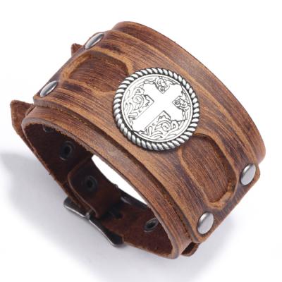 China Wholesale Environmentally Friendly Punk Wide Cross Leather Bracelet Cowhide Wristband Bracelet Men's Leather Bracelet(KB8449) for sale