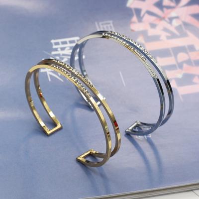 China >>>Gold Environmental Friendly Silver Color Imitation Cuff Open Statement Crystal Adjustable Cuff Bangle for sale