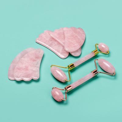 China Whitening Crystal Facial Massage Rose Quartz Natural Jade Roller For Face Anti Aging Jade Roller Gua Sha Set for sale