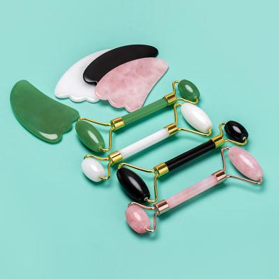 China Whitening Crystal Facial Massage Rose Quartz Natural Jade Roller For Face Anti Aging Jade Roller Gua Sha Set for sale