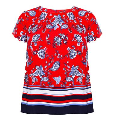 China Fashion New Anti-pilling Framed Flower Stripes Print Round Neck Pleated Polyester Split Back Short Red Sleeve T-shirt Top Blouse For Women for sale