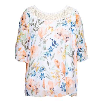 China RTS Fashion Plus Size 50+ Women's Anti-pilling Tops Type Chiffon Fashionable Flower Print Lace Striping Lady Top Casual Shirt Half Sleeve Blouse for sale