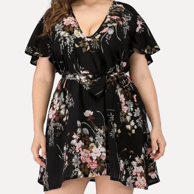 China European and American anti-static plus size short-sleeved V-neck floral chiffon plus size floral dress for sale