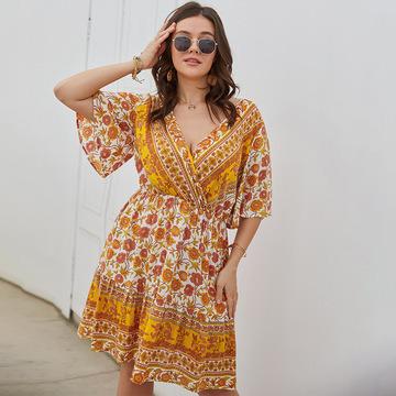 China 2021 Autumn Flower Print Viable Oversized Women's Loose Sexy Dress Skirt Big Plus Size Women's Dresses for sale