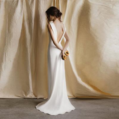 China Breathable Satin Tailored Little Tailed Bridal Backless Evening Dress Wedding Ceremony Apparel Mother Of The Bride Open for sale