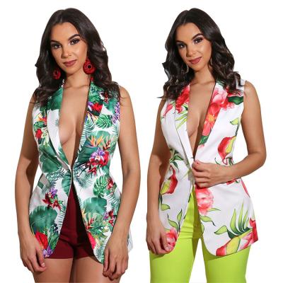 China Anti-wrinkle flower floral print suit casual wear summer long length sleeveless ladies suits tuxedo for office dress for sale