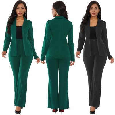 China Custom Anti-Wrinkle Solid Color Interview Office Work Business Formal Wear Two Piece Black Green Pants Set Women Suits And Tuxedo For Women for sale