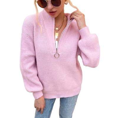 China Wholesale Anti-wrinkle Women's V-Neck Pink Knit Sweater Zipper Lantern Sleeve Sweater for sale