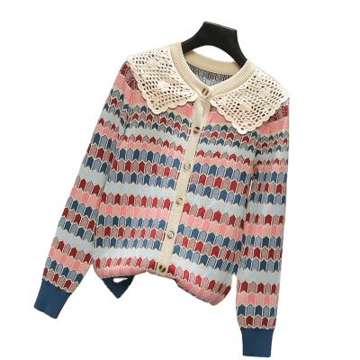 China European Autumn Winter New Hand Hook Plaid Collar Plaid Knitting Sweater Women's Retro Anti-pilling Cardigan Coat for sale