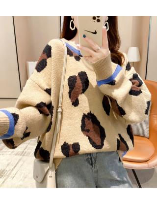 China Plus Size Leopard Print Anti-pilling Sweater Bottom Women's Loose Knitted Sweaters New Retro for sale