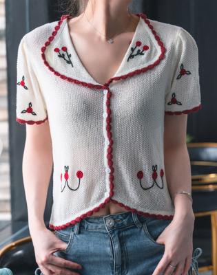 China new Embroidered Anti-wrinkle blouse women sweater sleeve cardigan short coat in 2021 thin doll short silk collar ice cream for sale