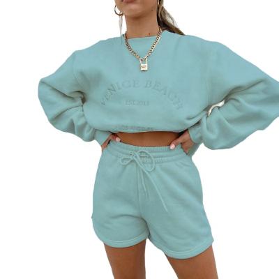 China Wholesale Anti-Wrinkle Letter Embroidery Women Loose Casual Sweatshirt Fleece Pullovers And Drawstring Shorts Two Piece Set Thick Tracksuit for sale