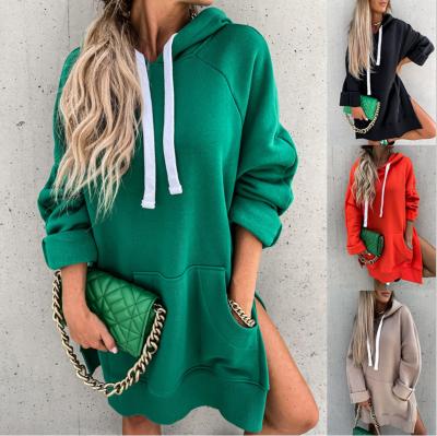 China Anti-Static Women Casual Hooded Sports Dress Autumn Long Sleeve Pocket Loose Sweatshirt Dress Fashion Drawstring Split Solid Dress Streetwear for sale