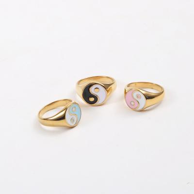 China FASHIONABLE Tasty Chunky Stainless Steel Rings 18k Gold Plated Pink Yin Yang Symbol Signet Ring Enamel For Women Trendy Jewelry for sale