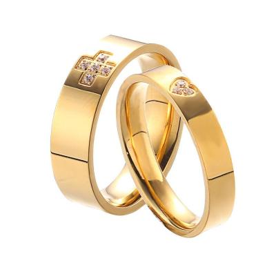 China FASHIONABLE Minimalist 18k Gold Plated Zircon Diamond Couple Ring Stainless Steel Heart Cross Band Rings Jewelry Women for sale