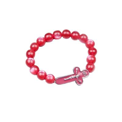 China High Quality Religious Beads Rosary Style Elastic String Bracelet with Mini Crucifix for sale