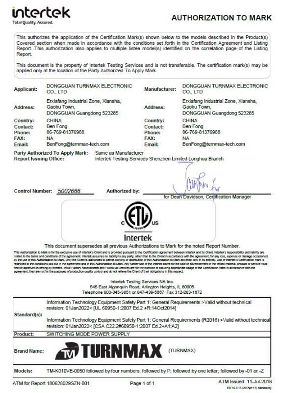 ETL - Dongguan Turnmax Electronic Co., Ltd.