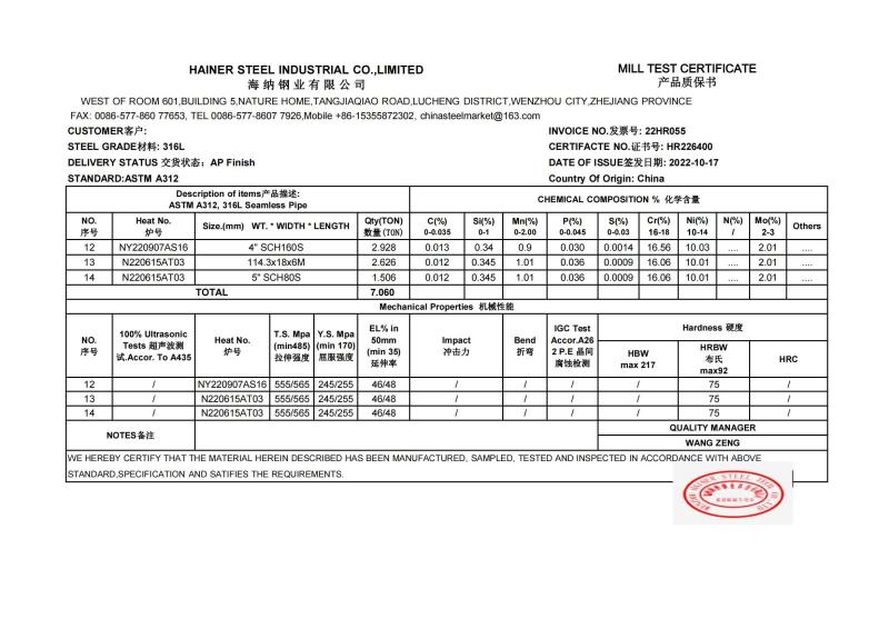 MTC ASTM A312 316L SMLS Pipe - HAINER STEEL INDUSTRIAL CO.,LIMITED