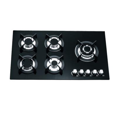 China Hotel OEM design 5 burners tempered glass panel gas cooker gas hob cookertop gas hob wok burner Cerooktop hob for sale