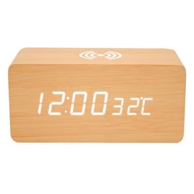 China Antique Style Digital Sunrise Projection Mini Wooden Start Alarm Clock With Wireless Charger for sale