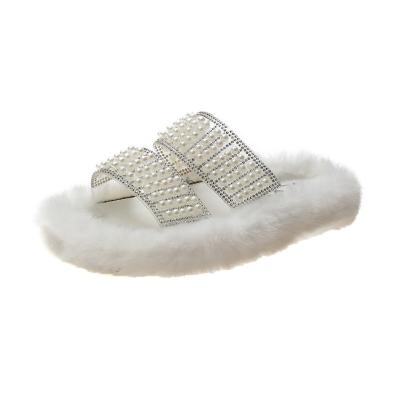 China CUSHIONING Korean pearl house slippers 2021 warm net red new wool slippers thick bottom word the same fashion slippers for sale