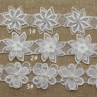 China Viable Manufacturer Double Layer Stereo Flower Nail Bead Lace DIY Accessories Dress Decoration Pearl Net Lace for sale