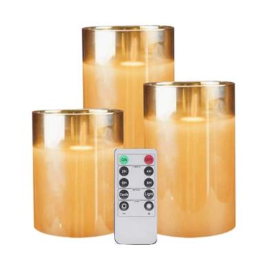 China Home Decoration Flickering Flameless Timer LED Glass Candles 3 Pcs Set Gray LED Wax Candles With Remote Control for sale