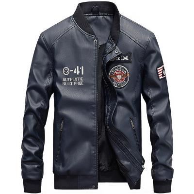 China OEM Fashion Style QUICK DRY Custom Stand Collar Embroider Fleece Inside Young Men PU Leather Jacket Windproof for sale