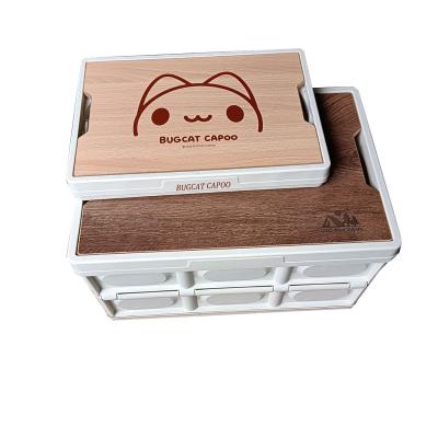 China Agriculture Customized LOGO Folding Storage Box For Camping Storage Bin With Wooden Lid 30Liter for sale