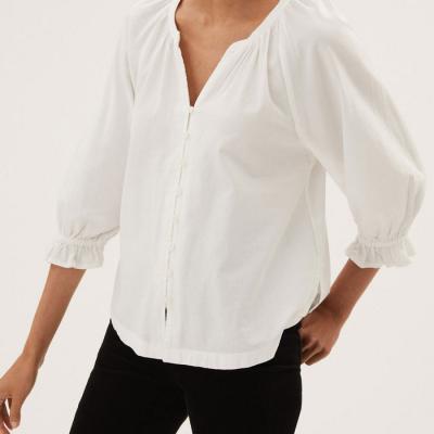 China High Quality Custom Pure Sleeve Blouse Anti-wrinkle V-Neck 3/4 Sleeve Loose White Cotton Button Down Canvas Shirts For Women for sale