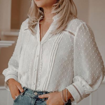 China New Design Chiffon Linen Shirts Custom Made Luxury White QUICK DRY Women Tops Fashionable V Neckline Long Sleeve Shirts For Women Office for sale