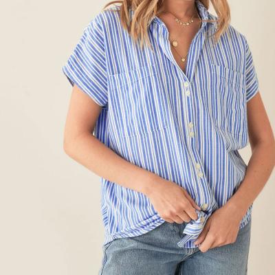 China New Arrivals Striped Anti-Pilling Shirt Custom Canvas Women Pocket Turn-Down Collar Summer Button Down Short Sleeve Long Sleeve Canvas Shirts for sale