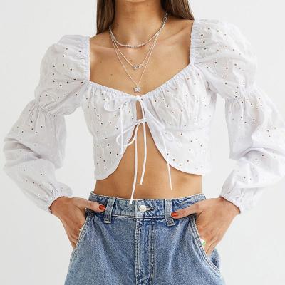 China Custom QUICK DRY Fashion Irregular White Crop Tops For Women Sexy Square Neck Tied Drawstring Long Sleeve Canvas Women Crop Tops for sale