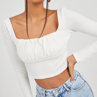 China Custom high quality QUICK DRY women crop top T-shirt square neck long sleeve pleated knitted sexy crop tops for women for sale