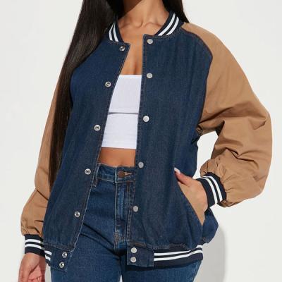 China High Quality Custom Made Viable Vintage Baseball Fall Jacket Loose Oversized Denim Bomber Women's Patchwork Jacket for sale