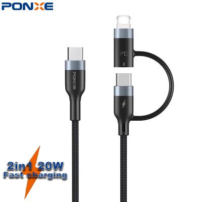 China MP3/MP4 LE Fast Charging Player PONXE PD 20W/60W 2 in 1 Braided Type C USB C Cable Nylon Data Cable For iPhone/Samsung for sale