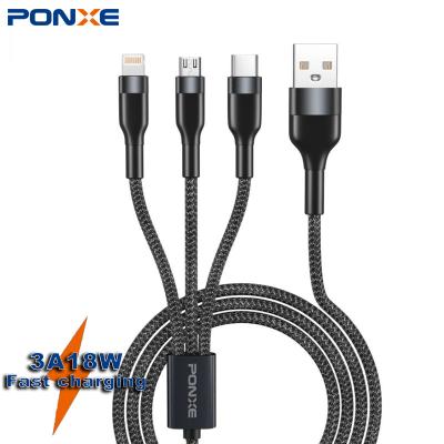 China MP3/MP4 Player PONXE 3A Quick Charging 3 in 1 Cable Multipurpose Nylon Braided Type C Micro Cables For iPhone for sale