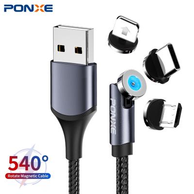 China Free Shipping PONXE MP3/MP4 Player 3 in 1 Magnet USB Cable Braided 3A Degree Fast Charging Rotate 540 Degree Magnetic Cable for sale