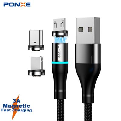 China MP3/MP4 PONXE Player Magnet USB Data Cable Braided Fast 3A Charger 360 Degree Rotate 3 in 1 Magnetic Charging Cable for sale