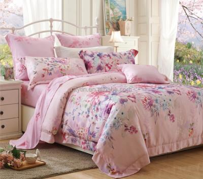 China Beautiful Luxury Twill Floral Print Tencel Satin Bedding Set Sheer Queen Size for sale