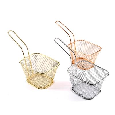 China Rose Gold Chef Metal Rust-Proof Small Stainless Steel Food Serveable Deep Fryer Mesh Frying Basket For French Fry Potato Chips for sale