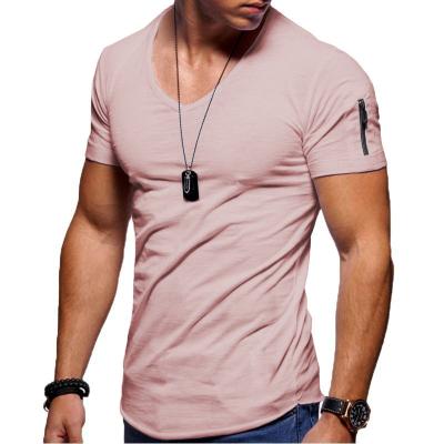 China FS2185 2020 New Men's V-Neck T-shirt Fitness Bodybuilding T-shirt Summer High Street Short Sleeve Casual Zipper Cotton Tops Plus Size for sale