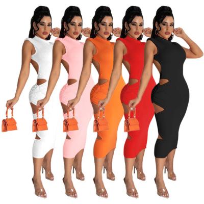 China Newest Design FS2726 Washable Summer Solid Color Hollow Out Dress 2021 Sexy Backless Women's Elegant Midi Dresses for sale