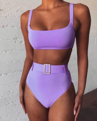 China Solid Purple Push Up Leg Rhinestone Waistband Swimwear Beach Swimwear High Waist Breathable Bikini Two Piece Swimwear Padded Biquini for sale