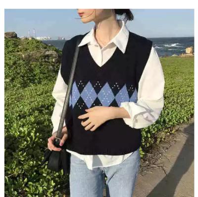 China Vintage Korean Geometric Argyle V-neck Anti-wrinkle Women Sweater Vest Autumn 2020 Style Sleeveless Pullover Knitted Jumper Tank Tops for sale