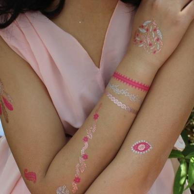 China Hot Sale Gold Silver Foil Jewelry Bracelet Necklace Custom Body Temporary Fake Gold Tattoo for sale