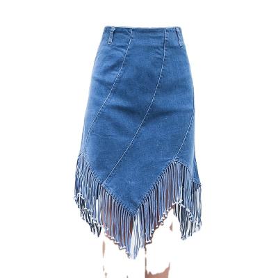 China Sexy Tassel Denim Midi Women Waist Pencil Skirt Streetwear Asymmetrical Skirt Plus High-waisted Skirt YF80149 for sale