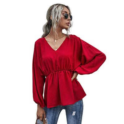 China WH1005 Women's V-Neck Anti-Puffing Casual Sleeve Waist Top Women's Long Sleeves for sale